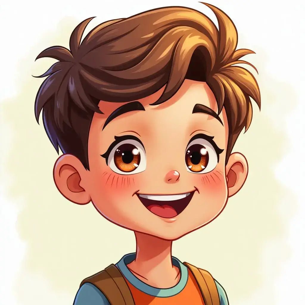 Dessin animé d'un garçon souriant avec un t-shirt personnalisé, idée cadeau amusante pour enfants.