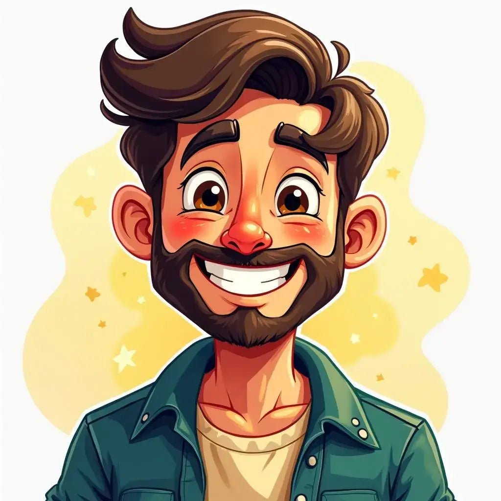 Illustration colorée d'un homme souriant avec une barbe et une chemise verte, fond étoilé jaune.