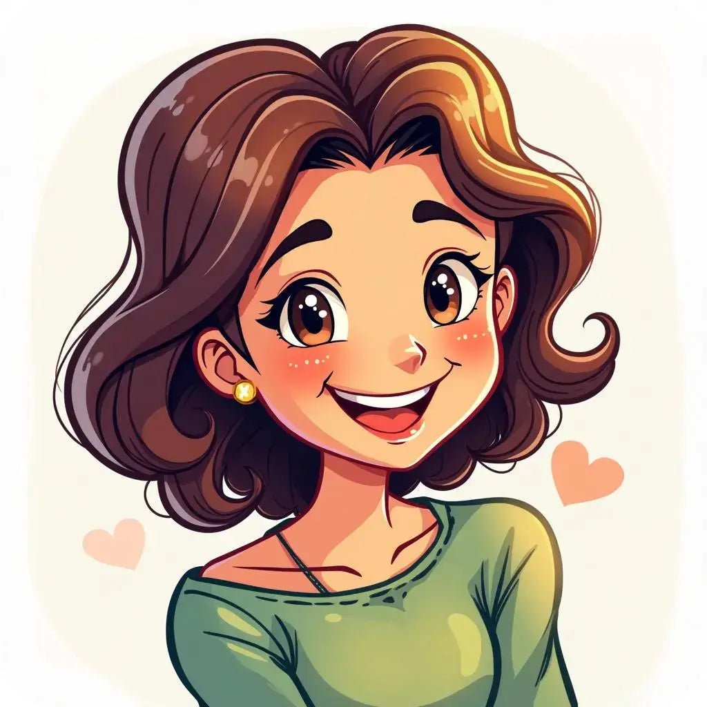Smiling cartoon woman with wavy brown hair and green top, perfect for custom t-shirt design and personalized gift idea.