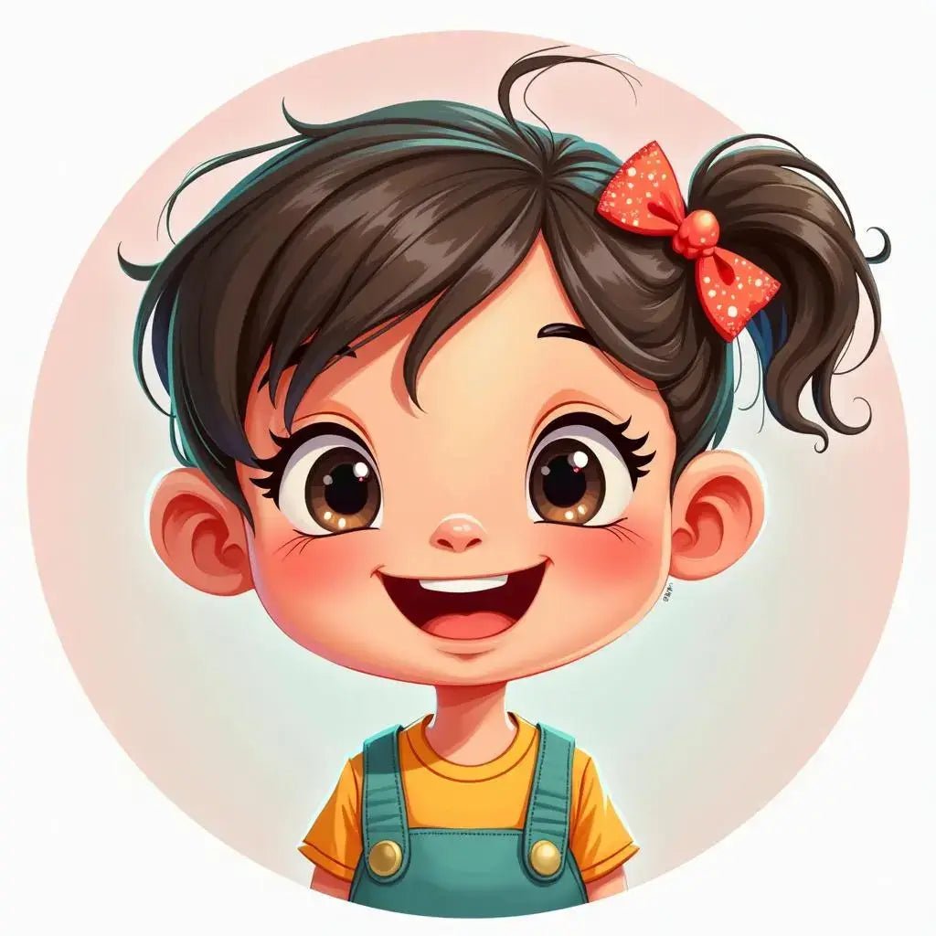 Dessin d'une fille souriante avec un nœud rouge, parfait pour un cadeau sur un T-shirt personnalisé.